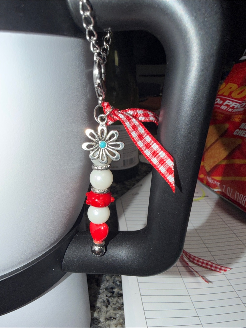 Red & White Beaded Flower Cup Charm with Gingham Ribbon by Sassy Charmer
